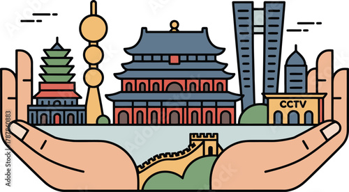 Hands holding shanghai beijing skyline with great wall temple of heaven and cctv tower