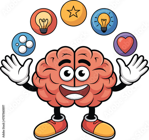 Happy cartoon brain mascot juggling skills creativity knowledge emotion vector illustration graphic design