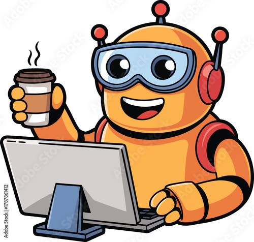 Orange robot mascot working on computer keyboard holding cup of coffee looking happy
