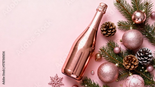 Elegant flat lay featuring a rose gold wine bottle, pine cones, and festive ornaments on a soft pastel pink background. Vintage holiday vibe. Christmas celebration setup.