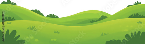 Bright green rolling hills with grass and bushes under a clear sky. Peaceful cartoon landscape background perfect for games, nature art, or digital design use.