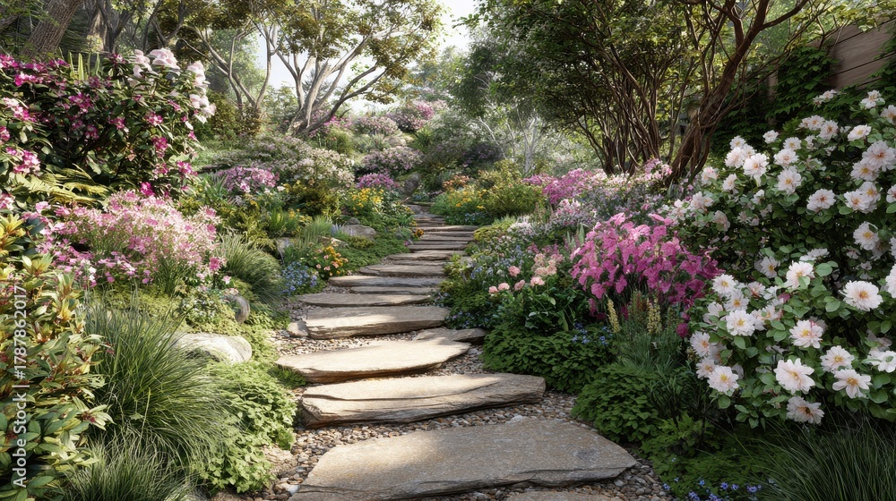Obraz premium garden pathway with lush flowers and detailed landscape plan
