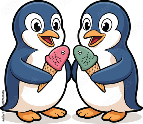 Two adorable cartoon penguins holding fish shaped ice cream cones illustration isolated on background