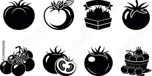 Stylized black silhouette of tomatoes with stem and bowl. Minimal vector design of Solanum lycopersicum, perfect for food, farming, and organic product themes.