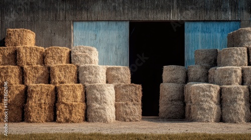 Bales of straw and silage placed in front of a barn