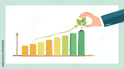 A hand planting a green sprout on a rising bar chart, symbolizing sustainable business growth and investment.