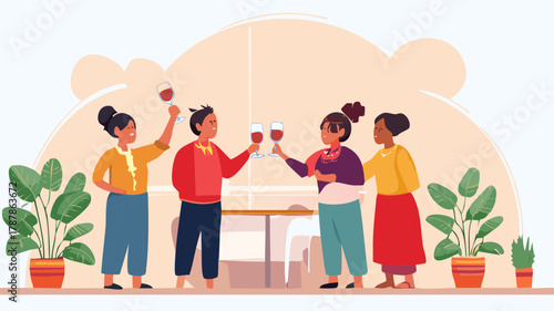Four friends are celebrating, raising their wine glasses in a toast indoors, surrounded by potted plants.