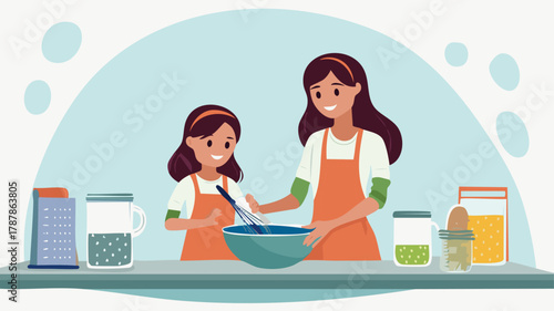 A mother and her young daughter happily cooking together, mixing ingredients with a whisk in a bowl in the kitchen.
