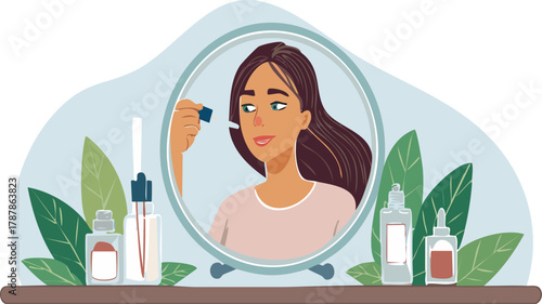 A woman applies a facial serum with a dropper while looking in a mirror surrounded by skincare products.