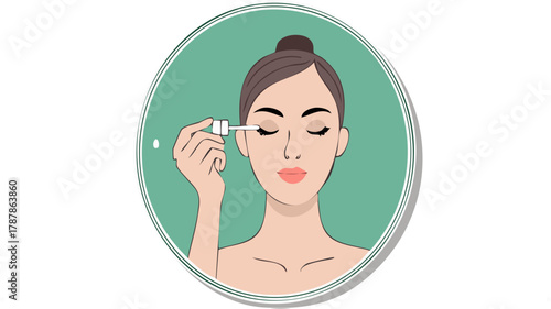 An illustration of a woman with closed eyes carefully applying eyelash growth serum to her lash line.