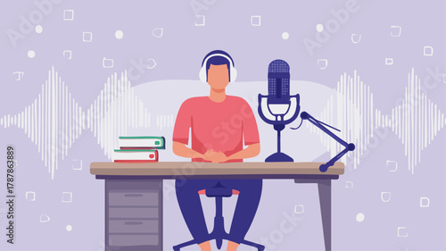 Illustration of a person wearing headphones, seated at a desk with a microphone and books, recording a podcast or broadcast.