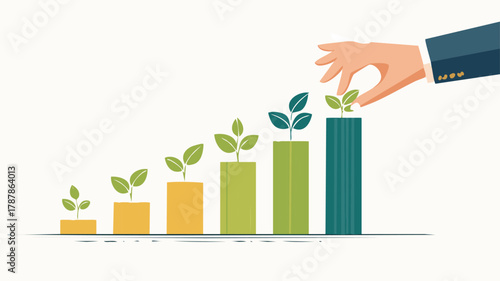 A hand carefully places a green sprout atop a rising bar chart, symbolizing investment, growth, and sustainable progress.