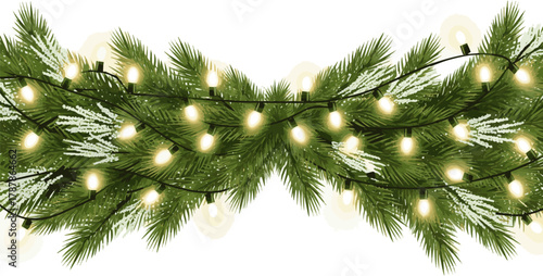 Isolated a Horizontal Christmas garland of green fir branches with sparkling glowing lights. Realistic evergreen border for festive banners, cards, and headers in vector file. vector art.