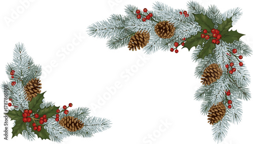  Isolated a Christmas corner garland with snowy fir branches, pine cones, and holly berries. Frosty festive design for winter banners, cards, invitations, posters vector art with white background.