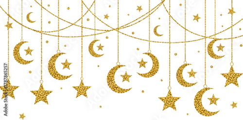 Isolated a kinds of deferent seamless decoration. Garland with hanging crescents and stars. Golden glitter ornaments. Muslim holidays border, frame. vector art with white background.