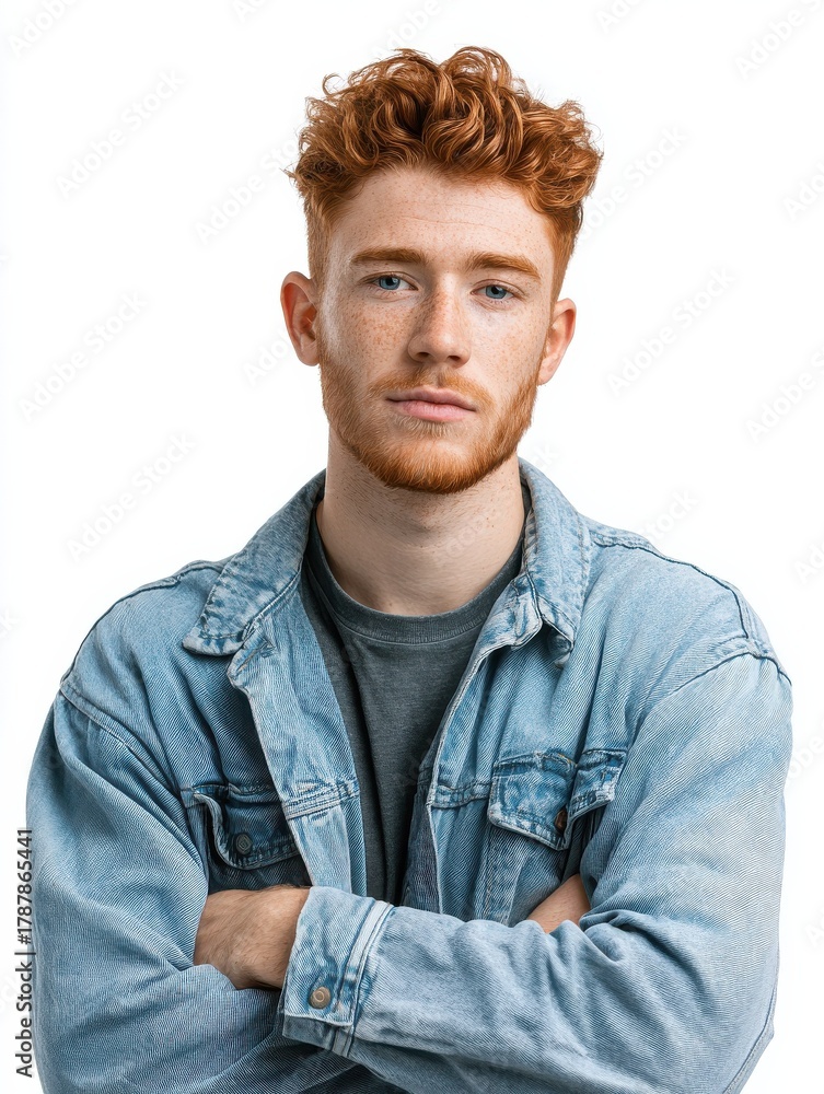 Obraz premium headshot of red haired serious young male blogger looks confidently at camera thinks about new content of his web page dressed casually earns money distantly isolated over white background no logos n