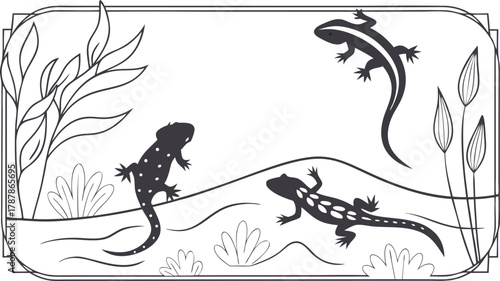 Whimsical salamanders explore a serene pond environment, perfect for children's books and nature designs.