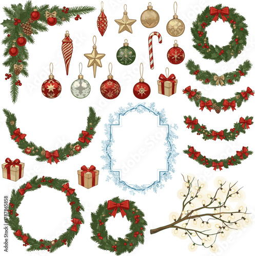 Isolated a kinds of deferent Christmas tree decoration. Holiday fir tree garland, festive corner, Christmas wreath. Winter season frame, branch with Christmas lights and glow. vector art.
