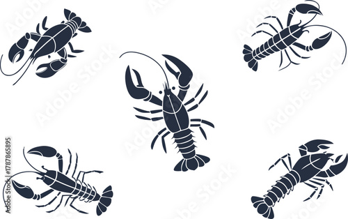 Dynamic collection of stylized lobsters captures marine life's elegance and allure for culinary and decorative themes