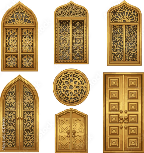 Isolated a kinds of deferent Islamic windows, mosque doors. Ramadan or Al-Adha golden decoration, holiday frames. Vertical format for cards or social media vector art with white background.