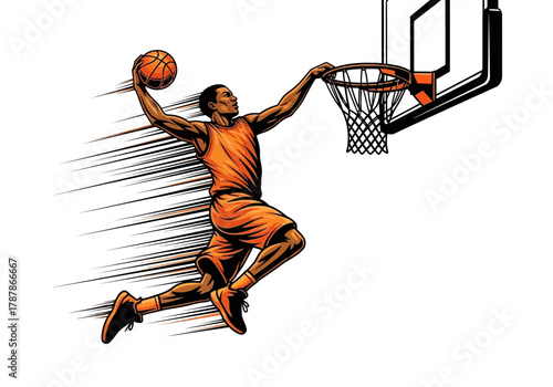 Dynamic Basketball Player in MidAir Slam Dunk Illustration.