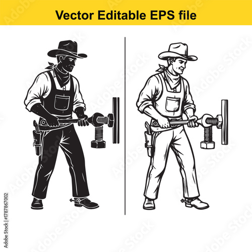 Cowboy plumber working with pipe wrench on plumbing pipes, vector illustration in black and white