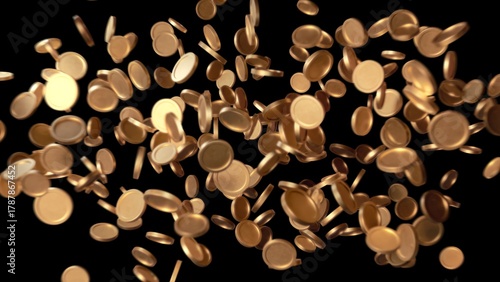 Fotografi 3D visualization of numerous gold coins tumbling and rotating in varied directions, filling the frame in a dynamic scatter