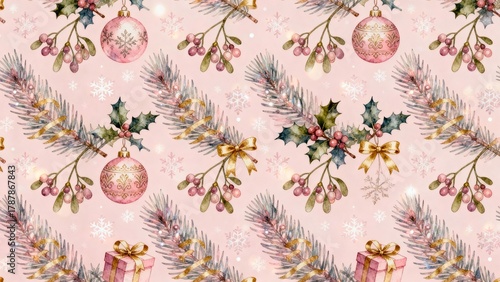 Festive holiday pattern with soft pastel pink hues. Christmas and New Year celebration theme.