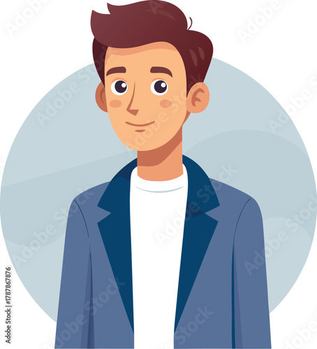 Illustration of a young man in a jacket standing against a round background