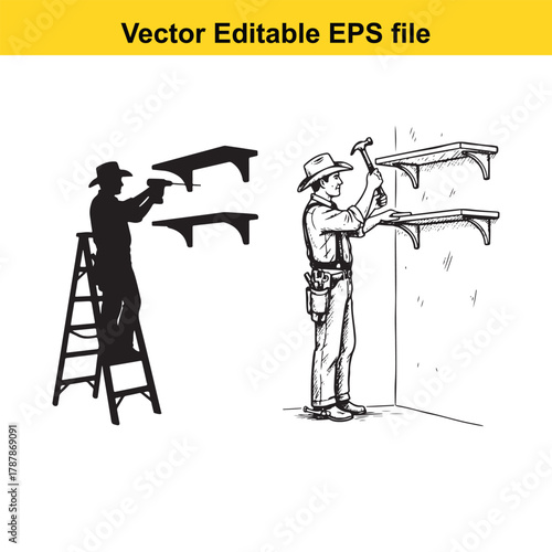 Cowboy carpenter installing shelf on wall using drill and ladder, vector illustration in black and white