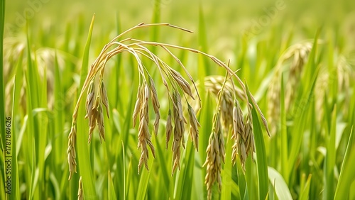 malnourished. Malnourished rice stalks drooping in field with thin stems under daylight. ESG reports, sustainability campaigns, designed for sustainability communications and ESG reporting.