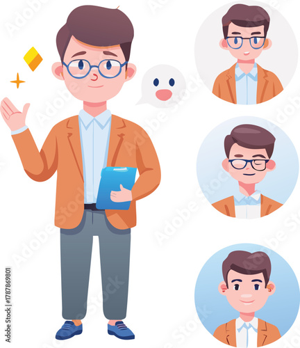 Cartoon illustration of a young man in a suit with different face expressions