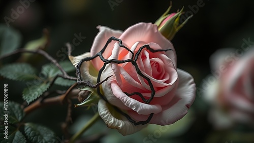tight. Thorny vines wrapped around rose stem, piercing petals, dramatic lighting. gardening catalogs, home-decor guides, designed for home decor and floral branding, used by teachers.