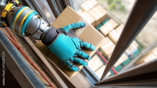 Robotic hand grasping cardboard box in modern logistics facility showcasing automation efficiency in a high-tech delivery environment captured with clarity