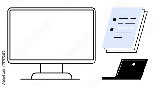 Computer monitor, stack of documents, and a laptop representing technology, office work, remote work, content creation, document management, digital collaboration, and education in a simple flat