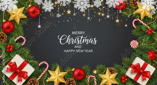 A festive christmas and new year background with ornaments and decorations on dark backdrop