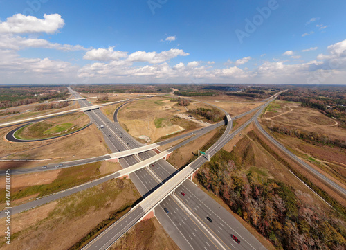 Photography Aerial Drone View of a Turbine Style Interstate Interchange Under Construction a