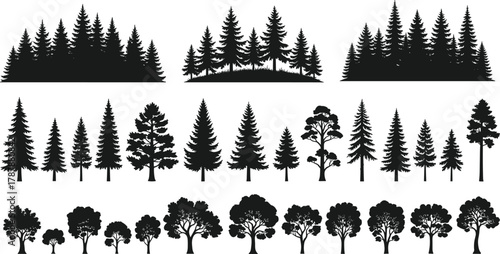 Tree silhouette vector collection, pine and deciduous forest shapes, black woodland clipart, nature landscape elements, evergreen trees, isolated forest silhouettes, vector tree bundle design