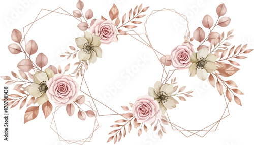 Watercolor floral arrangement with roses, leaves and geometric frames on a white background