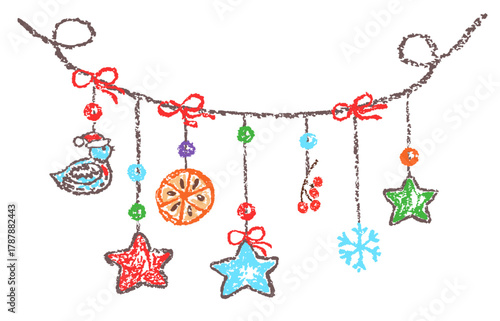 Christmas holiday hanging decoration garland with threads. Star, tit bird, berries. Crayon, pastel chalk or pencil kids hand drawing doodle funny style. Cartoon flat bright art simple banner
