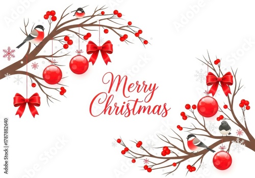 Festive christmas scene isolated on white background with birds and merry christmas text