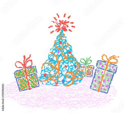 Christmas funny space area. Tree with holiday gift present box and sparks. Crayon, pastel chalk or pencil kids hand drawing sketch doodle style. Cartoon flat bright scribble art scene design