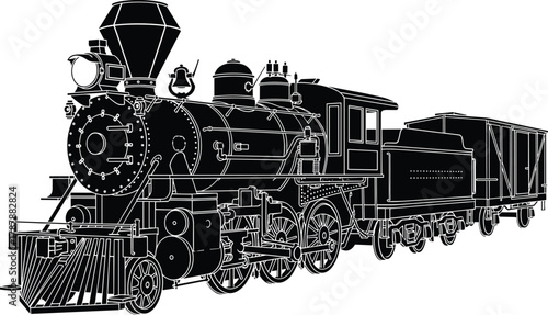Vintage steam locomotive train illustration, classic black and white vector design, old railway engine artwork, retro transportation drawing, detailed mechanical industrial train graphic art