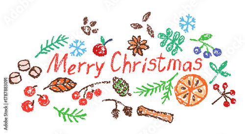 Christmas holiday spices. Cinnamon stick, orange slice, red berry, pine branch, marshmallow. Crayon, pastel chalk or pencil kids hand drawing doodle funny style. Cartoon flat art simple vector banner