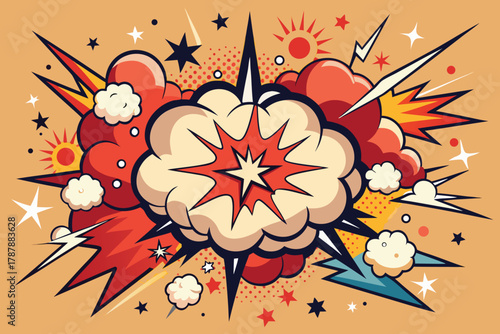 Comic explosion with cloud and star shapes on a tan colored background