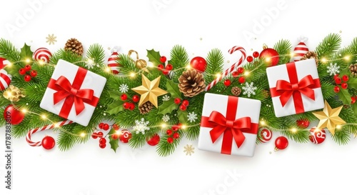 Christmas decoration isolated on white background with gift boxes and christmas ornaments