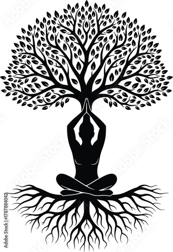 Yoga woman meditating under spiritual tree of life with deep roots, mindfulness balance illustration, wellness concept design for meditation