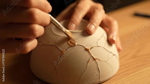 Person's hands carefully applying gold lacquer to repair a broken ceramic bowl, practicing the ancient japanese art of kintsugi and embracing the beauty of imperfection and restoration