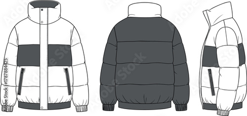 Color-Block Puffer Jacket Technical Flat Sketch Illustration, Front, Back, and Side Views, Stand Collar, Quilted, Ribbed Hem and Cuffs, Fashion Apparel Design Vector.