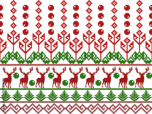 Christmas seamless pattern with deer and trees in a Nordic tribal design,perfect for festive decorations, vintage designs, and holiday-themed textiles,Traditional ethnic, geometric, ethnic,culture